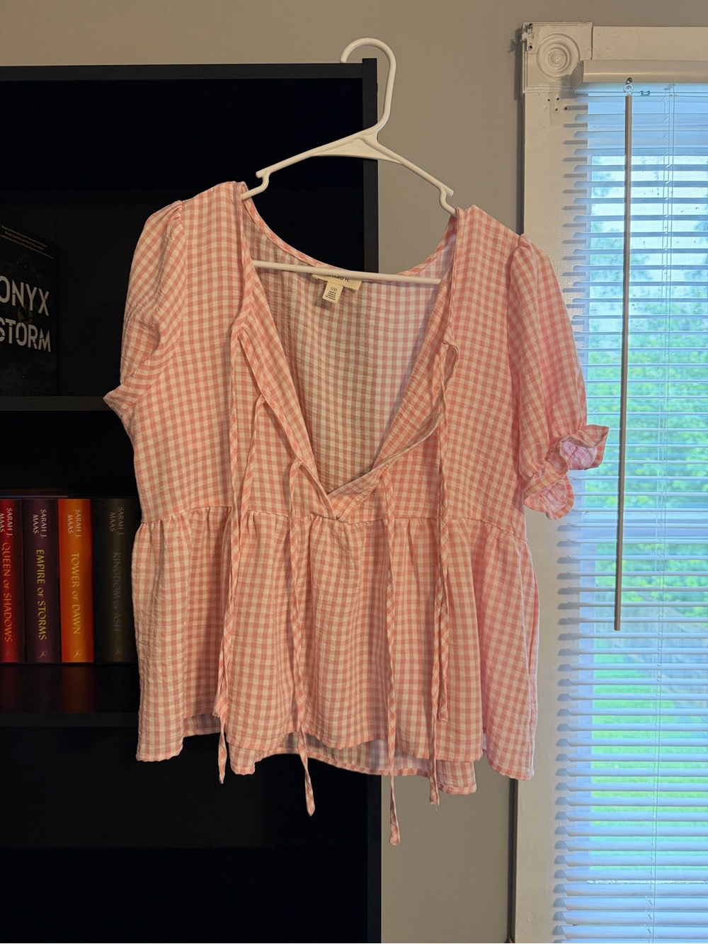 Pink Gingham Tie-Front Peplum Top